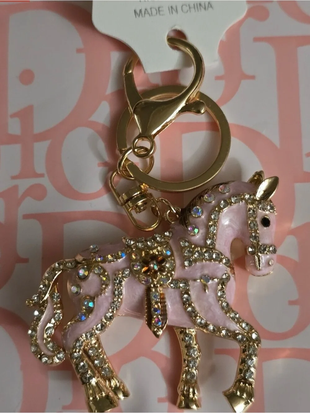 Gold & Pink Horse Crystal Bag Charm and Keychain - Fashion Accessory